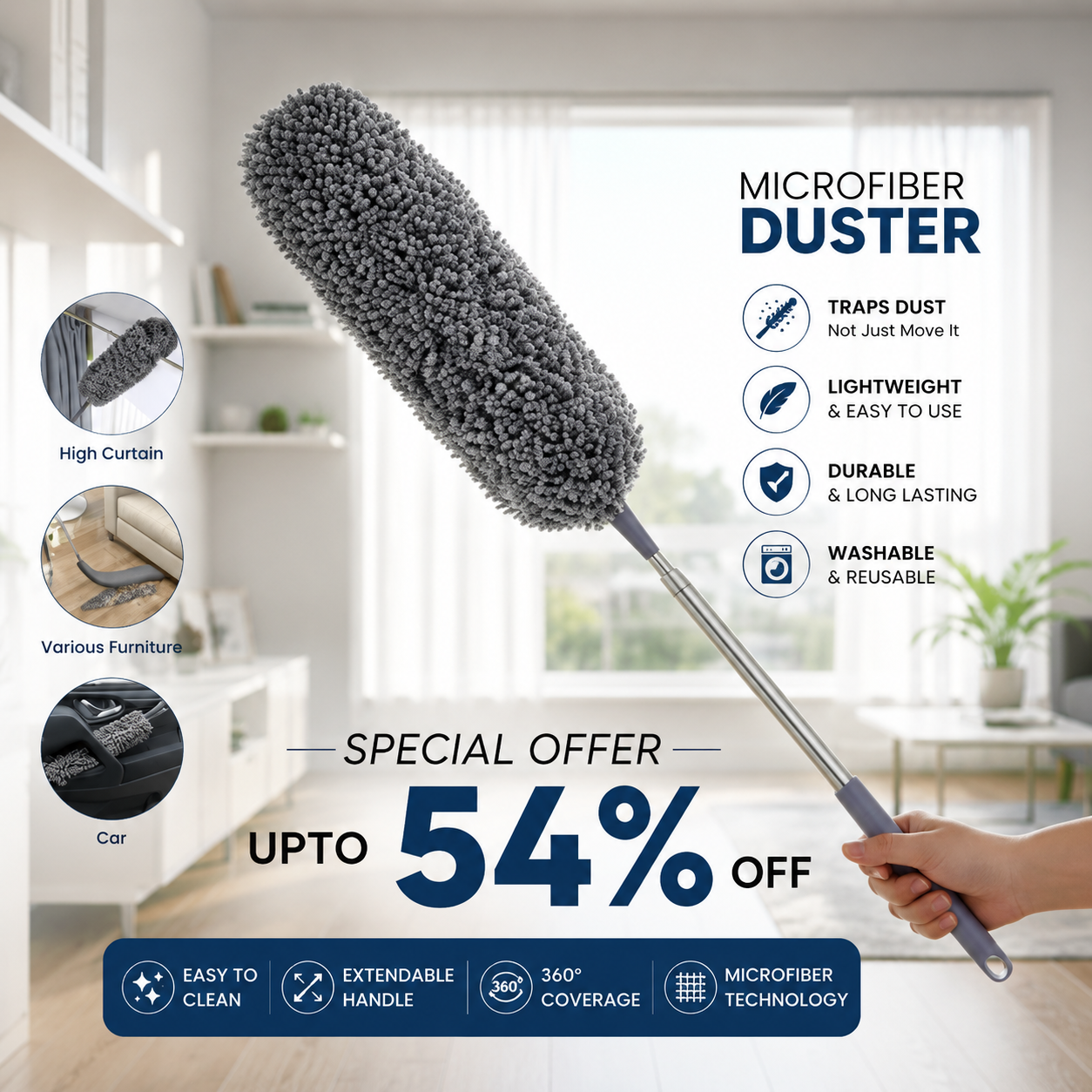 Flexible Microfiber Feather Duster Kit with 30-100 Inches Telescoping Extension Pole