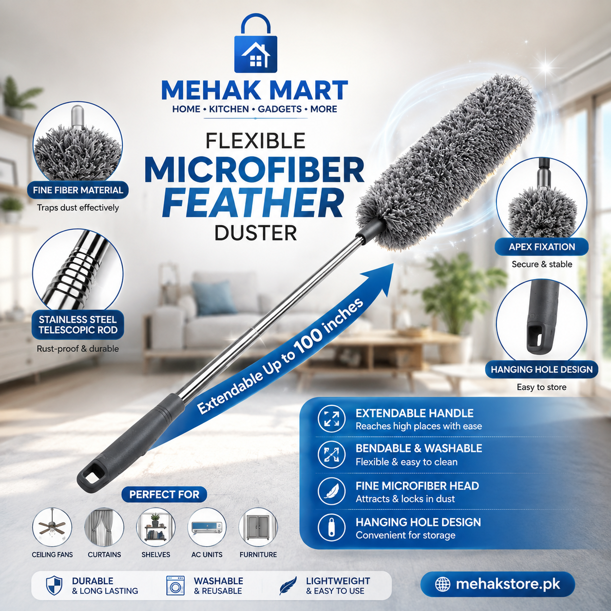 Flexible Microfiber Feather Duster Kit with 30-100 Inches Telescoping Extension Pole